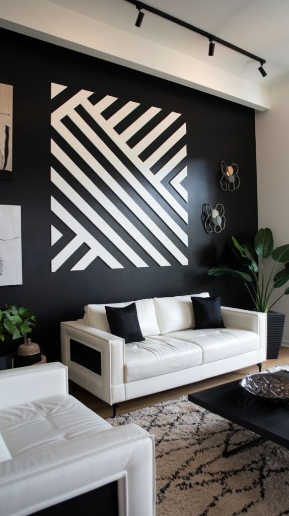 Black accent wall displaying a large, square abstract geometric pattern composed of thick intersecting diagonal white stripes, above a white leather sofa.
