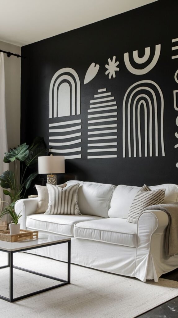 Black accent wall mural featuring abstract white hand-painted shapes, including striped arches and stacked forms, above a white slipcovered sofa.