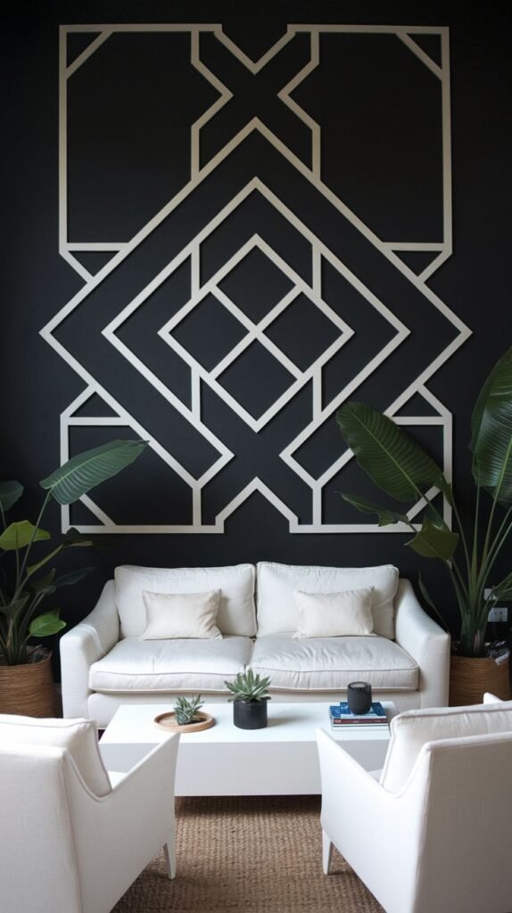 Black wall installation showcasing a large, symmetrical white geometric pattern made of interlocking squares and diagonal lines, framed by plants.