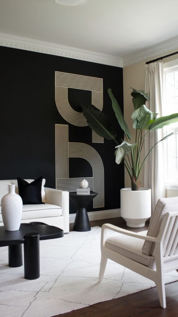 Modern living room featuring a black accent wall with a large white graphic composed of thick, curving shapes detailed with horizontal striping, behind a white sofa.