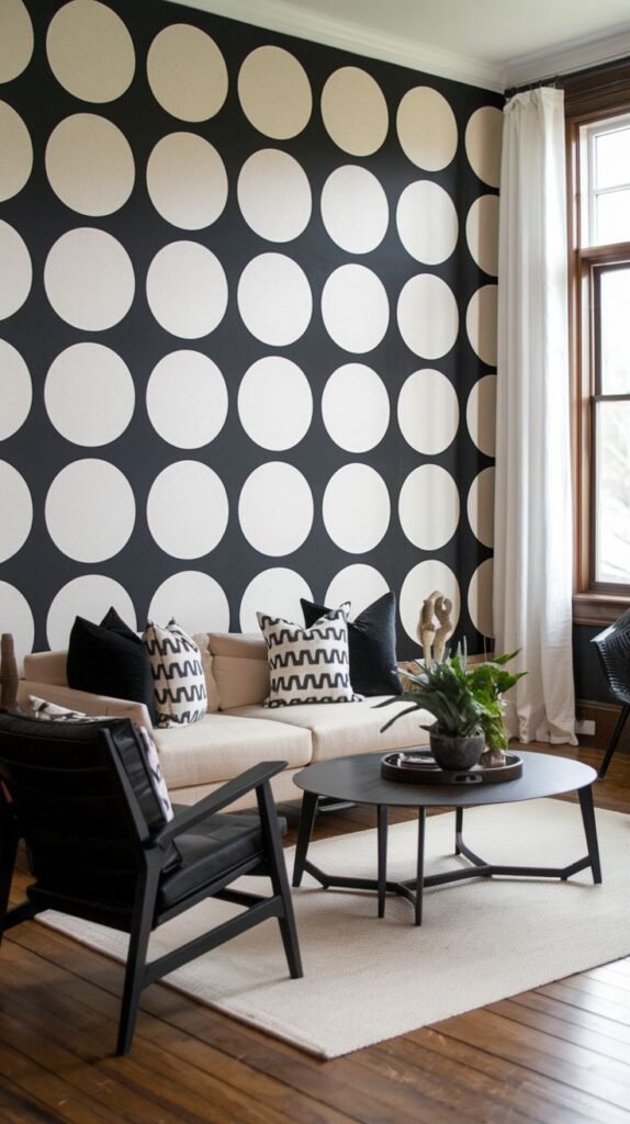 Black accent wall covered in a tightly repeating, high-contrast pattern of large white polka dots or circles.