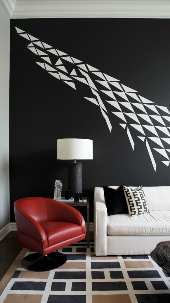 Black accent wall decorated with a dynamic, diagonal pattern composed of many small, densely clustered white tessellating triangles.
