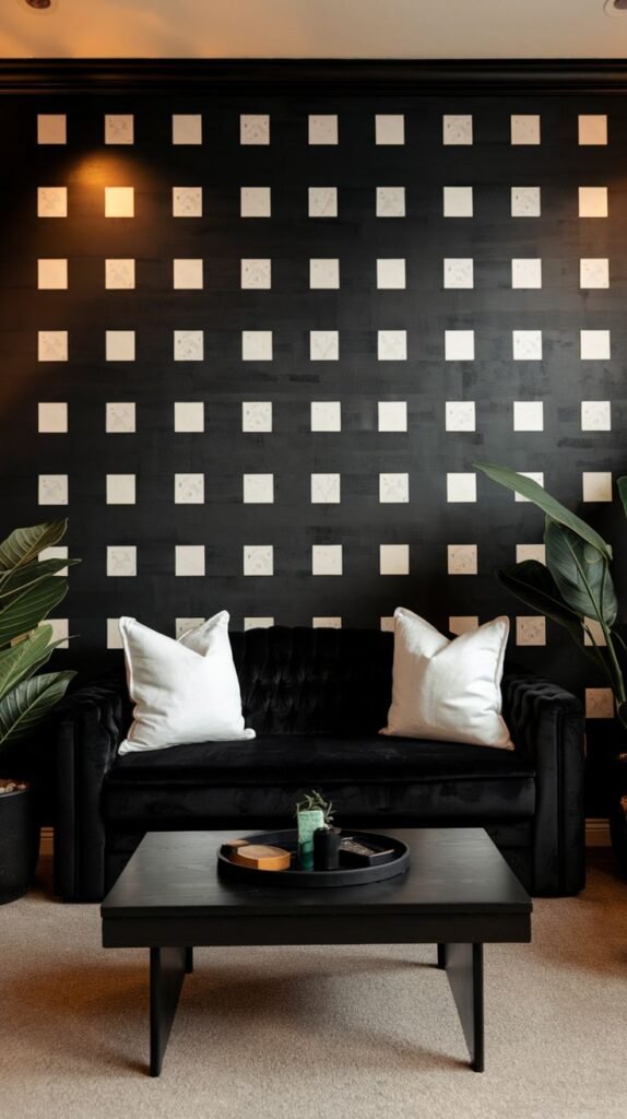 Black wall featuring a high-contrast grid pattern of small, evenly spaced white squares, serving as a backdrop for a black velvet sofa.