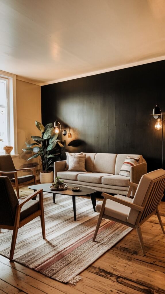 Solid matte black accent wall providing a dramatic backdrop, illuminated by two warm industrial-style wall sconces with exposed Edison bulbs.