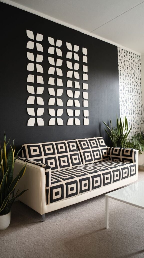 Black accent wall decorated with five vertical columns of repeating white abstract floral or quatrefoil-like shapes, mounted above a black and white patterned sofa.