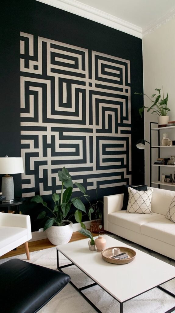 High black accent wall dominated by a massive, floor-to-ceiling geometric maze or labyrinth pattern rendered in a light beige or tan color.