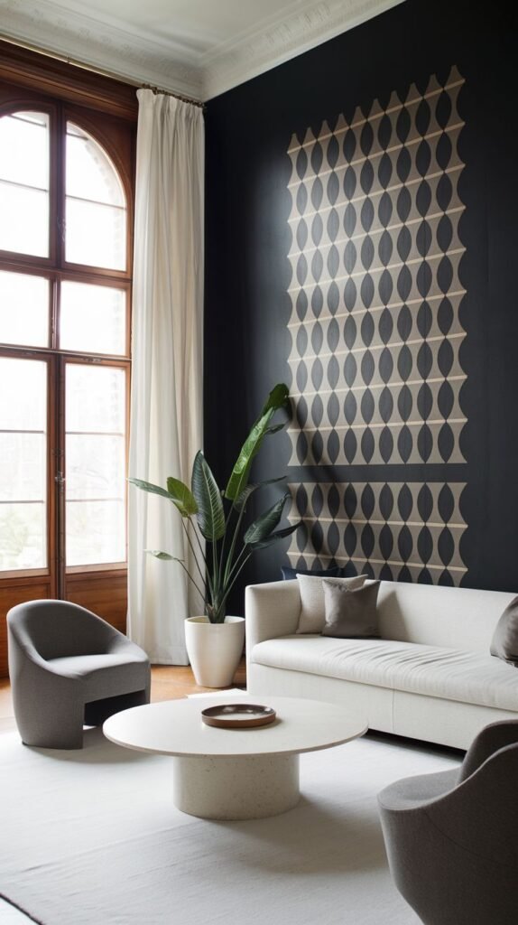 Black accent wall covered in a repeating geometric pattern of vertically stacked, neutral-toned lens or almond shapes.