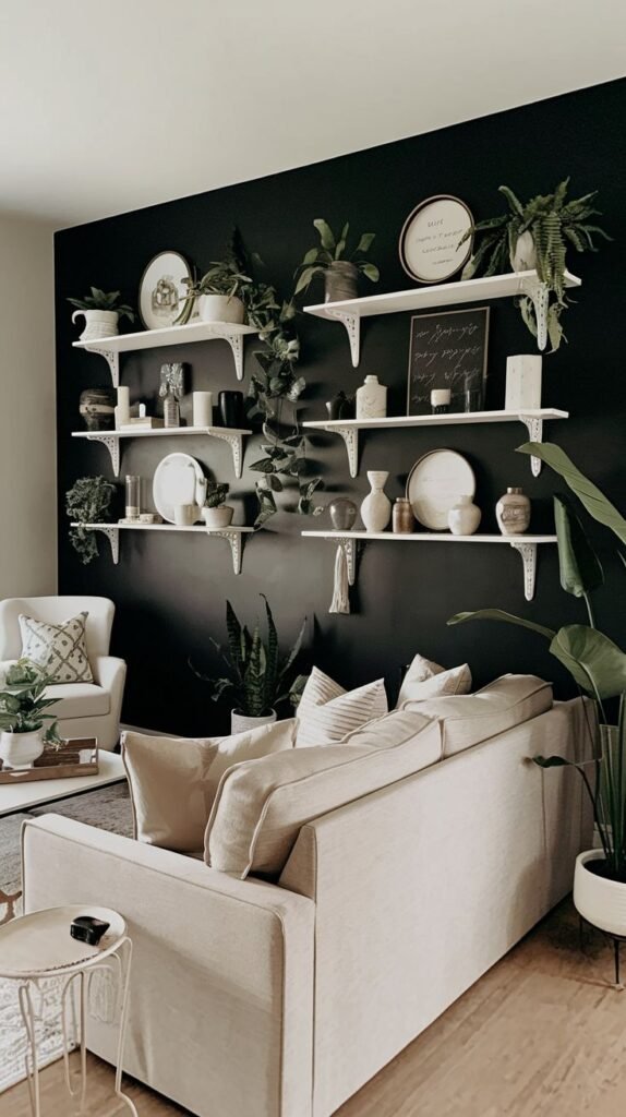 Black accent wall used as a backdrop for three rows of white bracketed floating shelves, heavily decorated with ceramics, framed art, and abundant greenery.