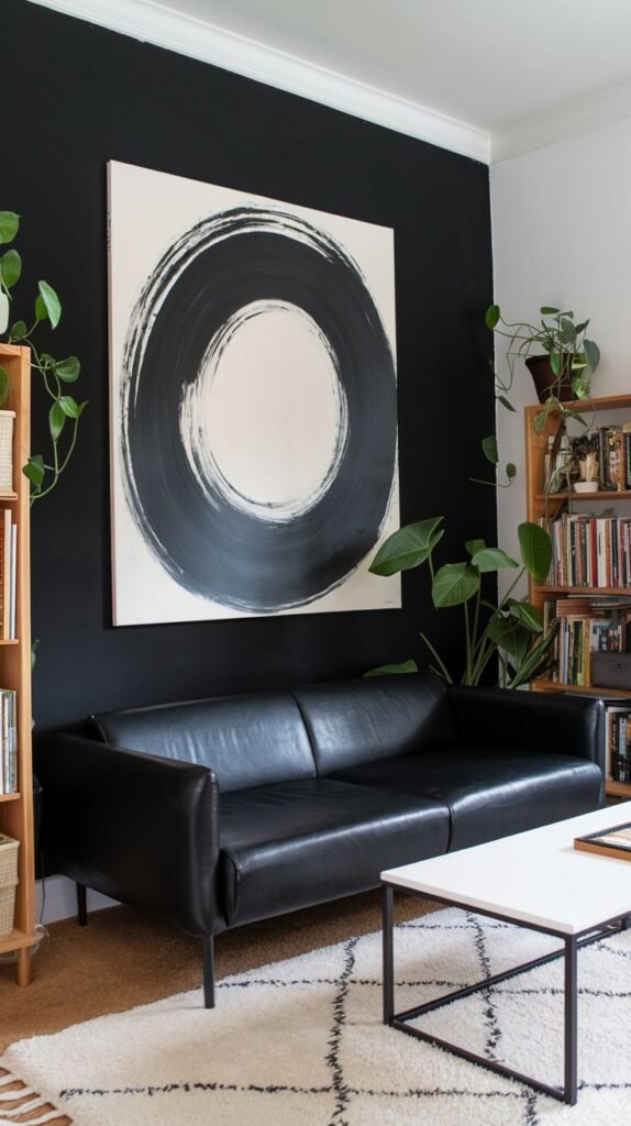 Black accent wall featuring a large abstract square painting with a prominent black and white concentric circular brushstroke design, situated above a black leather sofa.