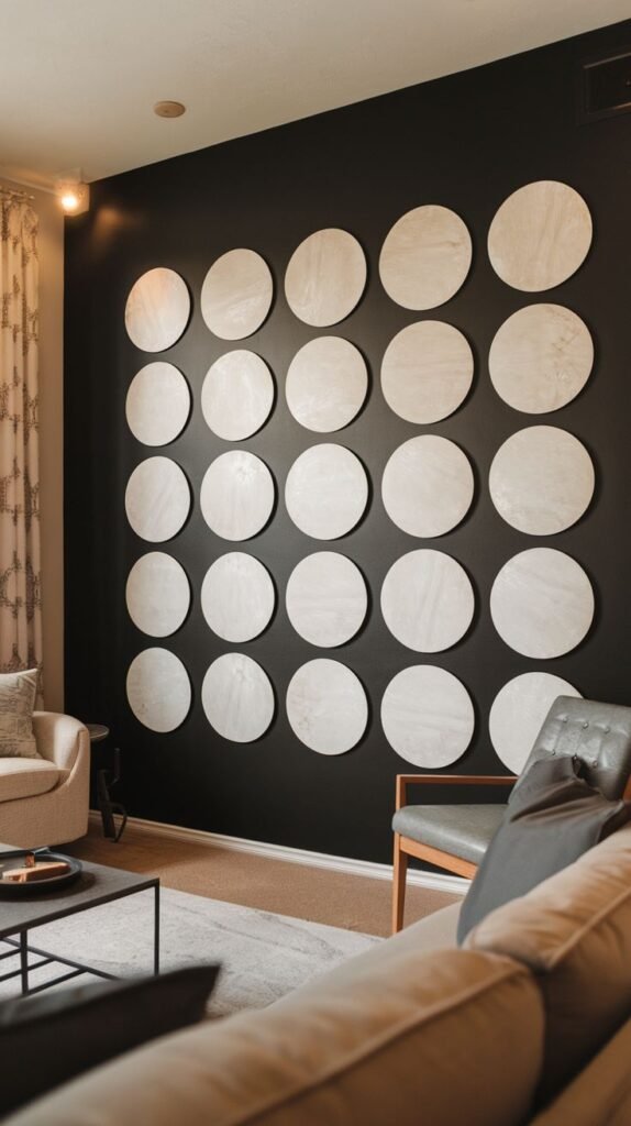 Black accent wall serving as a background for a symmetrical grid installation of 24 large, textured light-colored circular dimensional wall panels.