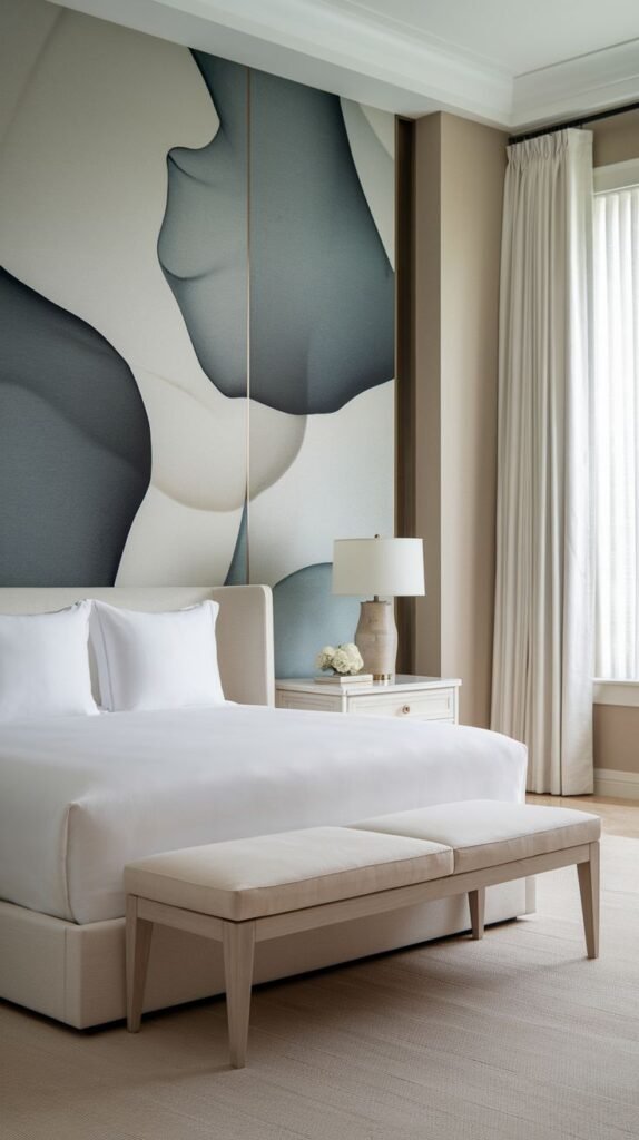 A master bedroom featuring a large abstract wall mural behind the bed, showing soft, flowing curvilinear shapes in gray and off-white, divided vertically by a thin metal inlay.