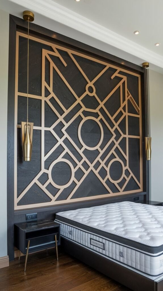 A sophisticated accent wall featuring a dark wood backdrop overlaid with a large, elaborate geometric pattern in lighter wood trim, suggestive of Art Deco style, with two vertical gold pendant lamps.