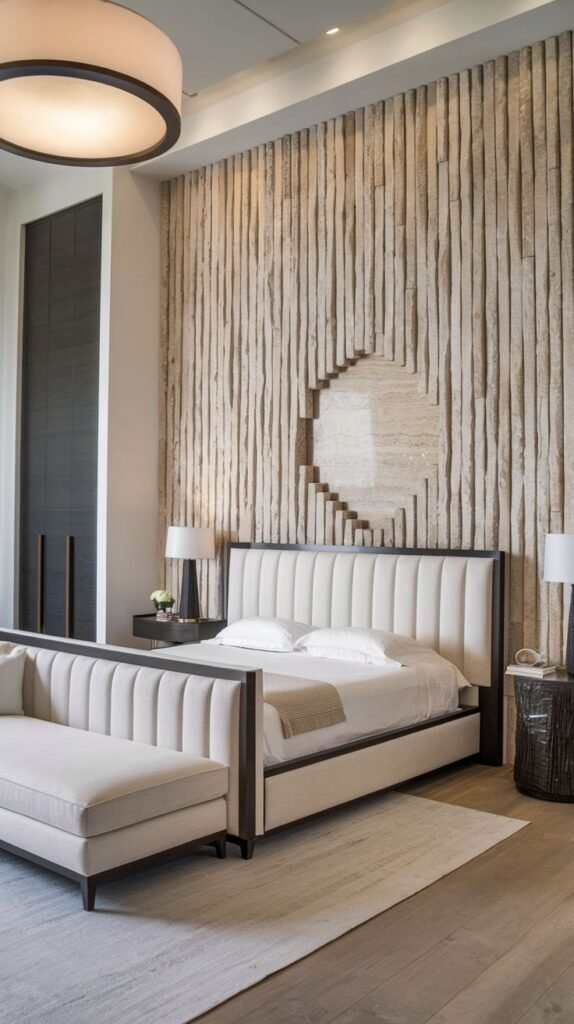 A rustic accent wall constructed of thin, vertical pieces of natural wood or textured material, incorporating a carved or recessed smooth circular stone detail at the center.
