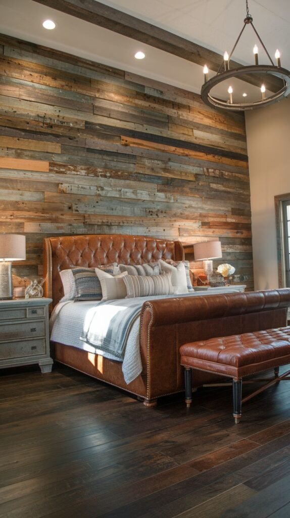 A high-ceilinged bedroom featuring a rustic accent wall made of wide, horizontal planks of reclaimed wood displaying varied colors and natural patina.