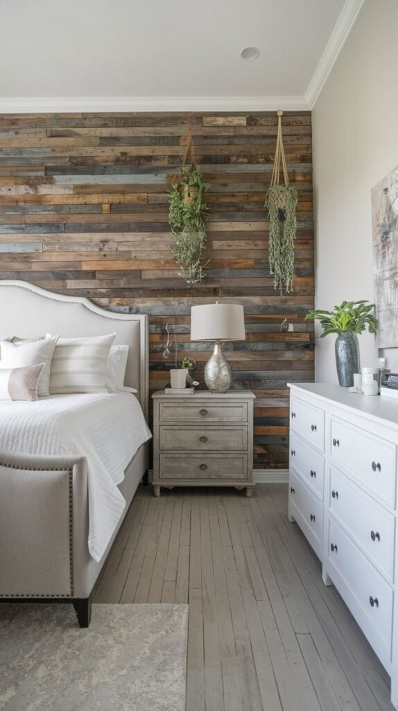 A rustic bedroom with a feature wall of horizontal reclaimed wood planks, decorated above the nightstand with two hanging planters containing flowing green foliage.