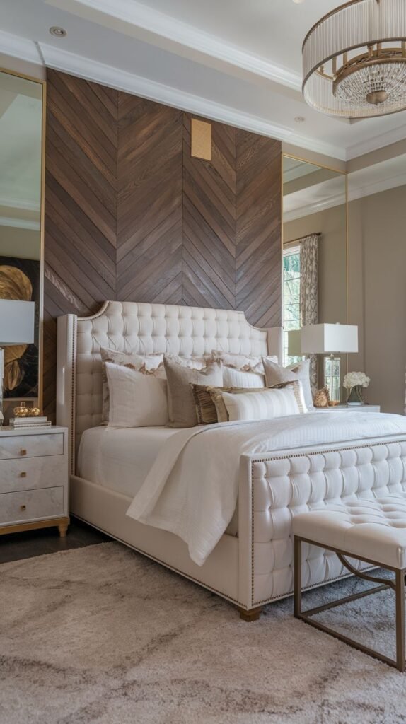 A luxurious bedroom featuring a dark chevron wood accent wall positioned centrally above the bed, flanked symmetrically by two tall, dramatic mirrors with thin gold frames.