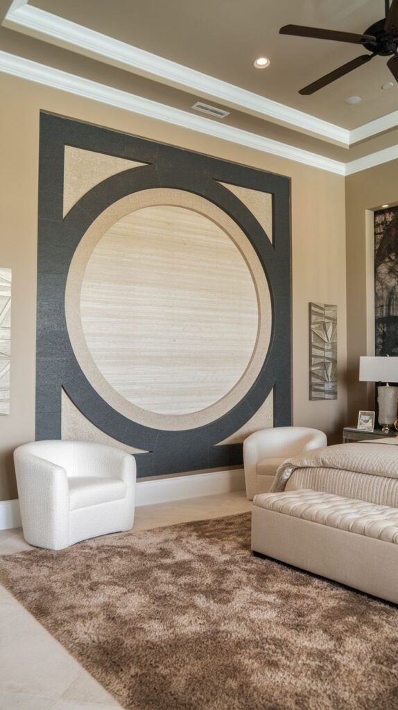 A tall bedroom accent wall featuring a monumental central design consisting of a large horizontal rectangular structure encompassing a massive circular center panel, bordered by dark, textured material.