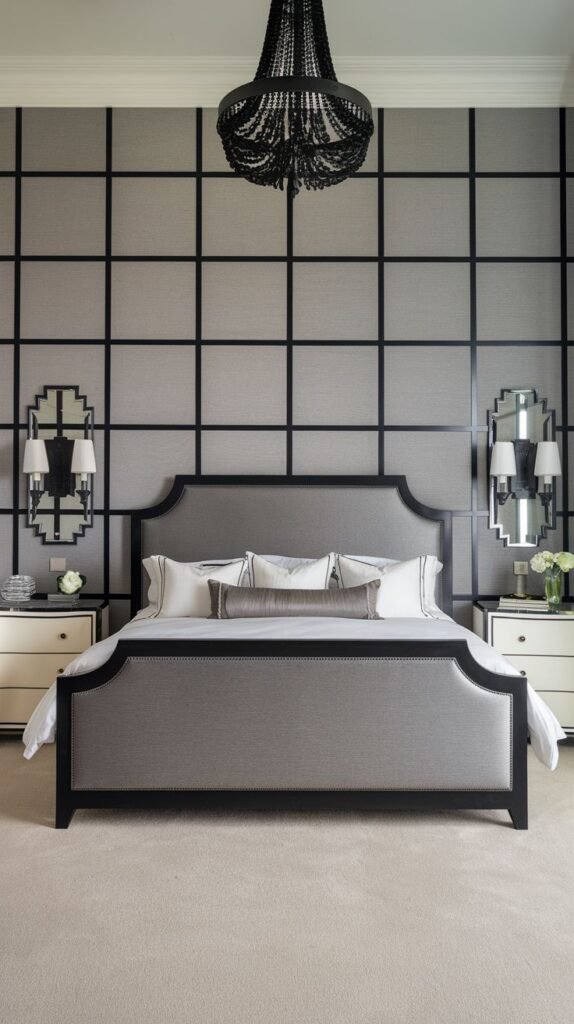 A bedroom accent wall covered in light gray textured material, overlaid with a dramatic black trim forming a large grid pattern that extends from floor to ceiling.