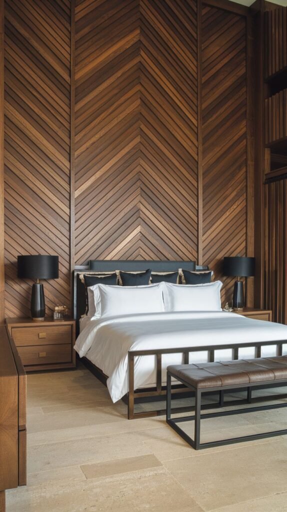 A high-impact bedroom featuring an expansive, floor-to-ceiling accent wall entirely clad in warm brown wood planks arranged in a large, imposing chevron pattern.