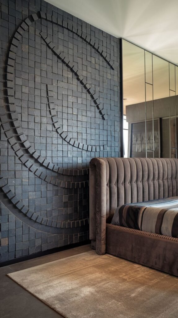 A bedroom wall constructed of small, dark, square mosaic blocks, featuring a subtle but large carved circular relief pattern extending across the surface.