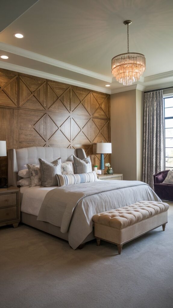 A traditional bedroom accent wall paneled in medium-toned wood, divided into large squares, with each square containing decorative internal diagonal or diamond trim patterns.