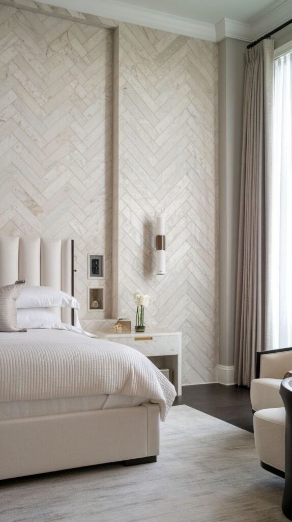 A neutral-toned bedroom accent wall covered entirely in light-colored stone or tile laid out in a tight herringbone pattern, flanking a tall, plush upholstered headboard.