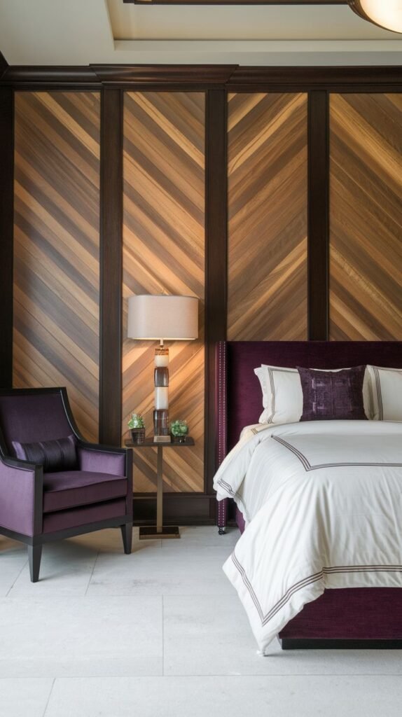 A feature wall divided into vertical sections by wide, dark vertical framing, where the interior of each section is filled with warm-toned wood planks laid on a diagonal.