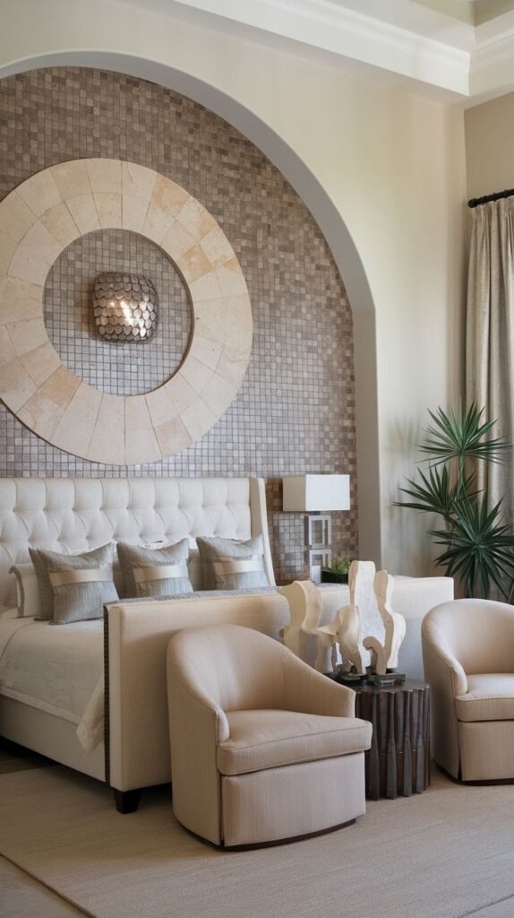 A bedroom featuring a large arched alcove above the bed, filled with small, square mosaic tiles, centered by a striking circular stone frame surrounding a metal light sconce.
