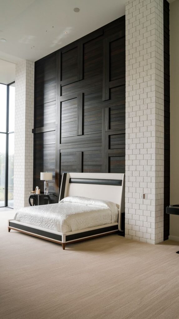 A modern bedroom combining materials: a tall, dark-stained wood wall installed in large, irregular geometric panels, dramatically contrasted by two tall vertical columns covered in white subway tile.