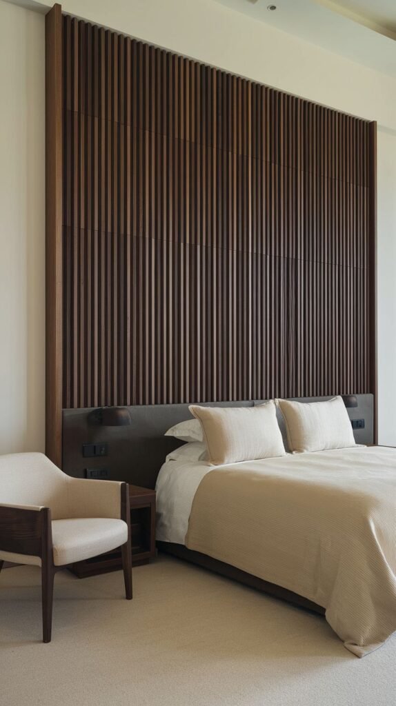 A contemporary accent wall composed of numerous thin, dark-toned vertical wood slats creating a textured, linear backdrop behind a low headboard.
