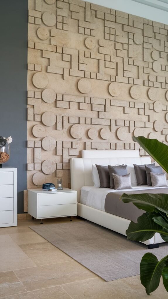 A highly textured accent wall made of light-colored stone or concrete featuring a complex, three-dimensional geometric pattern of raised circles, squares, and connecting lines.