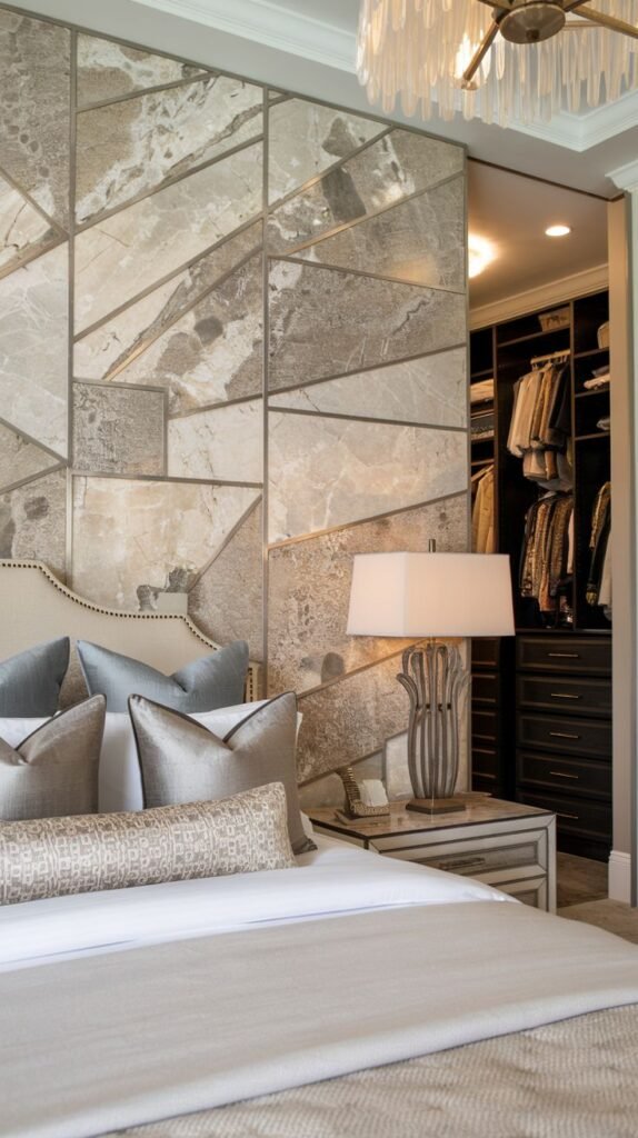 A luxurious, geometrically segmented accent wall composed of large, irregular panels of veined beige and gray marble or stone, separated by slender metal inlay strips.
