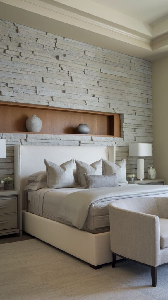 A bedroom accent wall constructed of stacked horizontal light gray/white ledger stone, interrupted horizontally by a long, recessed wooden niche used for displaying decorative vases.