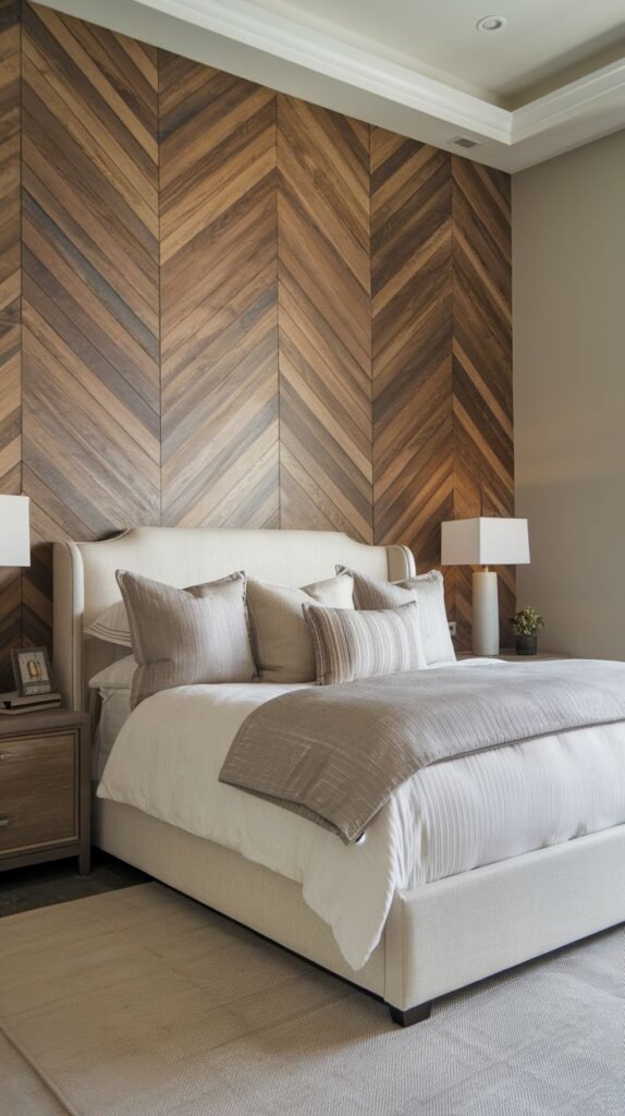 A close-up view of a bedroom accent wall made of warm, multi-toned wood planks arranged in a continuous chevron pattern spanning the width of the wall, contrasting with a neutral headboard.