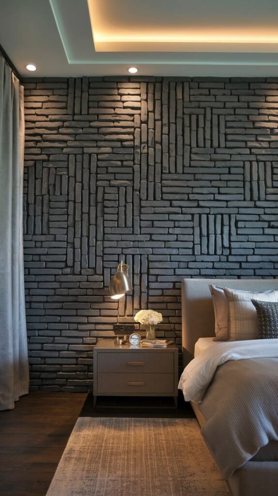 A dramatic accent wall composed of dark, rugged rectangular bricks or stones arranged in a unique, interlocking geometric pattern.