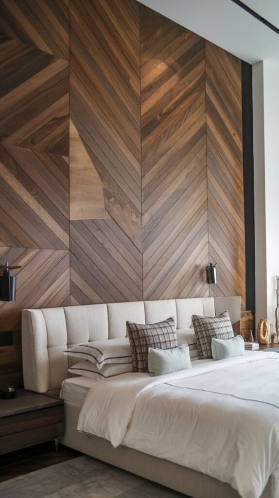 A rich, dark wood accent wall featuring long planks arranged in angled sections (chevron/diagonal) framed by darker vertical trim lines.