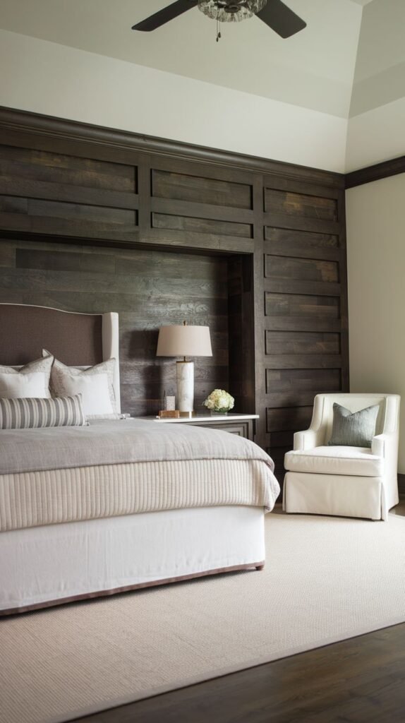 A bedroom featuring a dark, horizontally oriented wood paneled accent wall that incorporates upper vertical framing and a strategically designed recessed niche behind the bedside table and lamp.