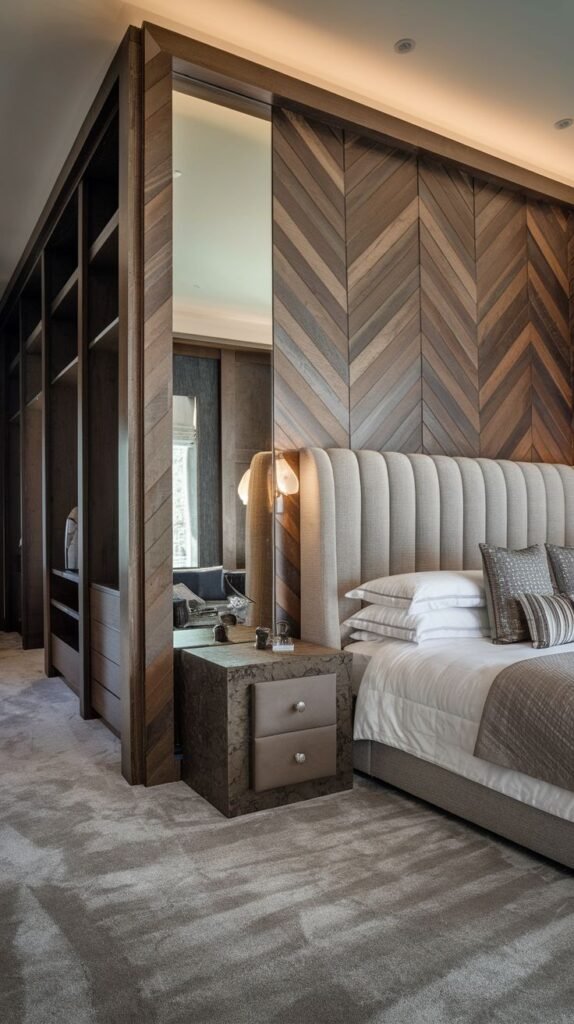 A modern bedroom accent wall featuring warm wood in a chevron pattern, adjacent to a large, floor-to-ceiling mirrored panel that reflects the room and a dark wooden open storage shelf structure.