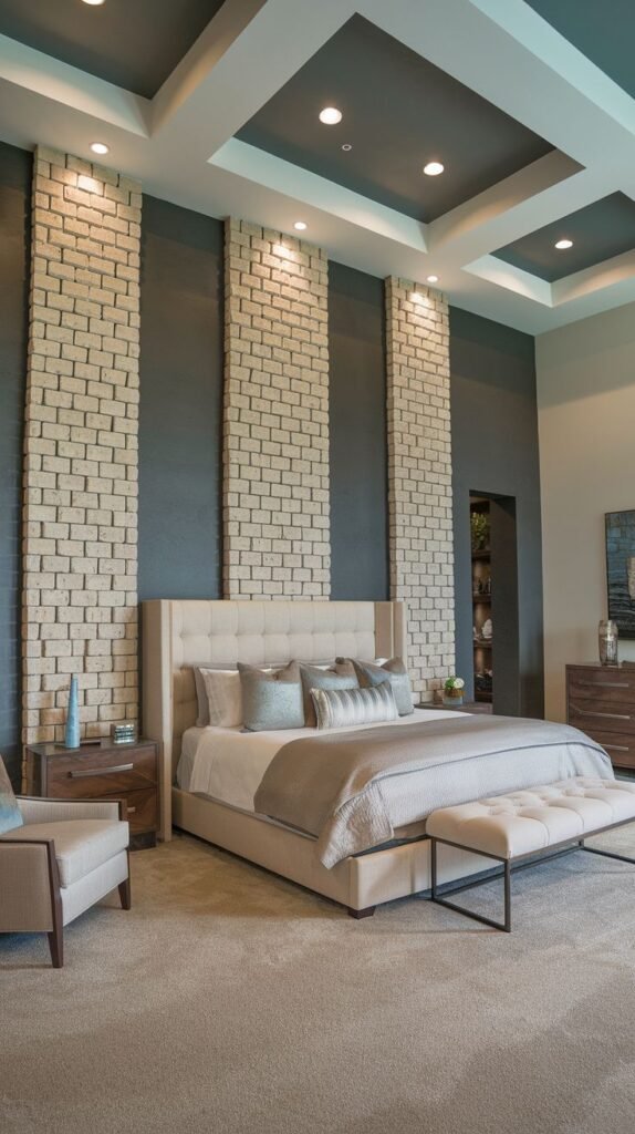 A tall, dramatic accent wall painted dark gray, offset by three distinct, vertically oriented columns of light-colored, stacked brick or stone flanking the headboard.