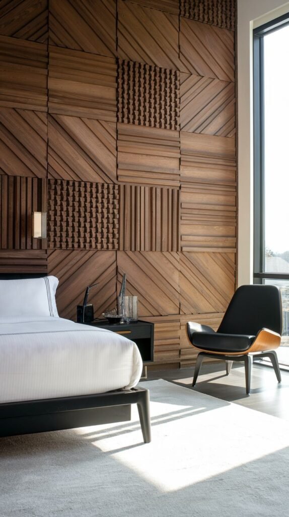 A highly textured wood accent wall composed of large square panels, each featuring different three-dimensional carvings, including diagonal cuts, vertical ridges, and repeating square/circular indentations.