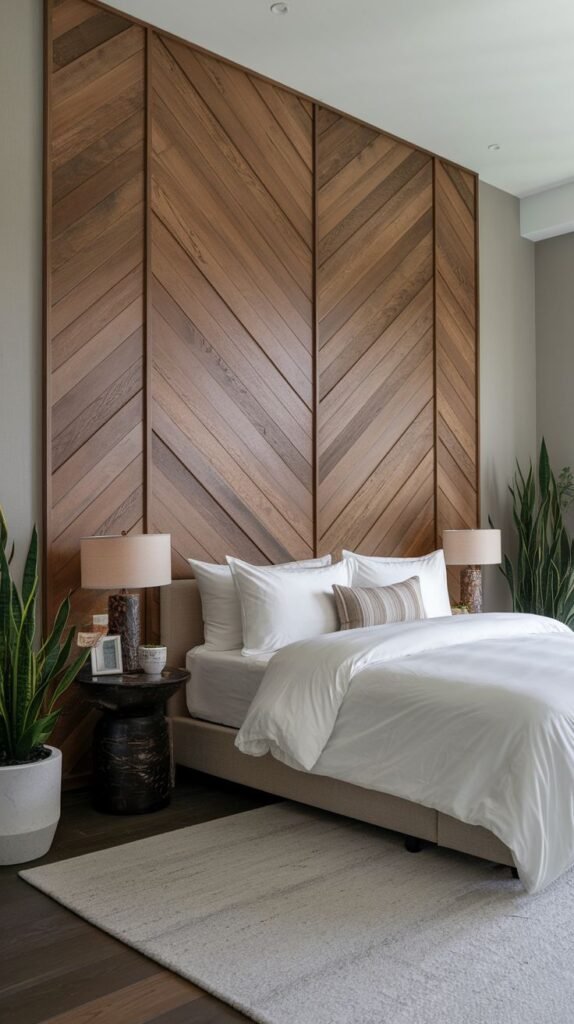 A natural-toned wooden accent wall extending the full height of the space, constructed entirely of wide planks arranged in a chevron pattern.