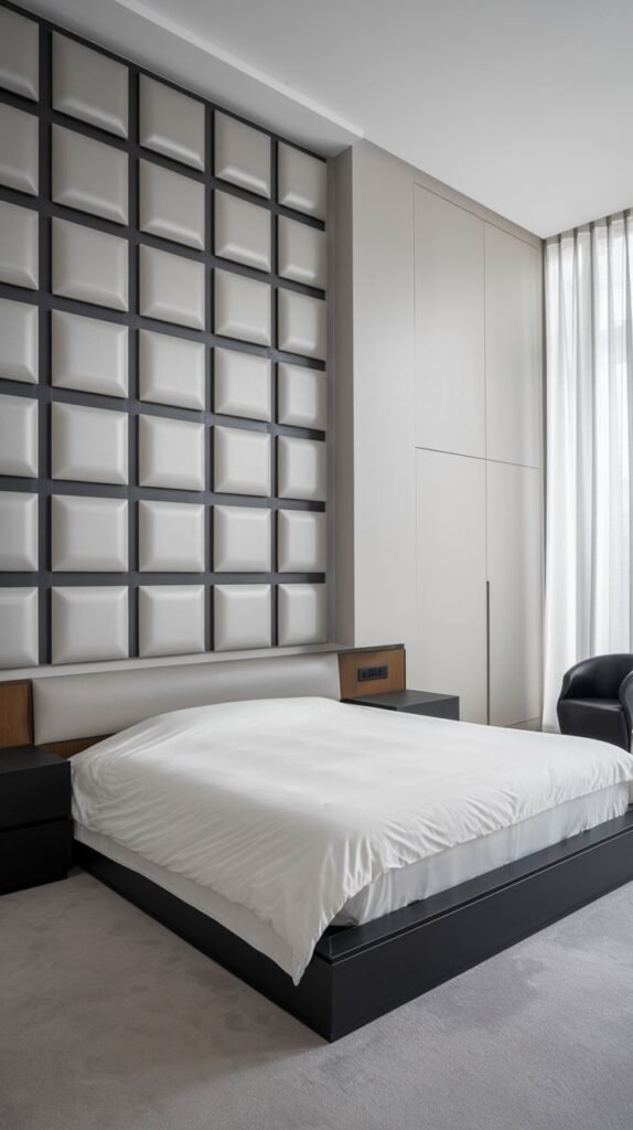 A modern accent wall consisting of a grid of square, light-colored cushioned panels separated by dark, pronounced framing elements.