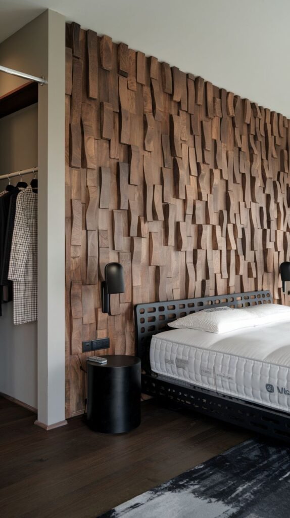 A rustic yet modern accent wall constructed from numerous rectangular wood blocks of varying depths, creating a chaotic, textured relief surface.