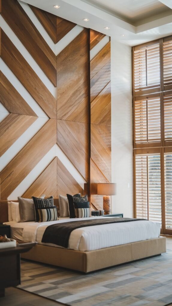 A light wood accent wall featuring a central decorative design created by wide, angled wood sections that form a large, four-way chevron pattern.