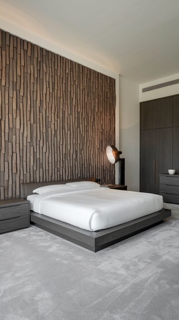 A dark, textured accent wall made up of many narrow, uneven vertical wood strips, resembling a dense, organic wall covering.