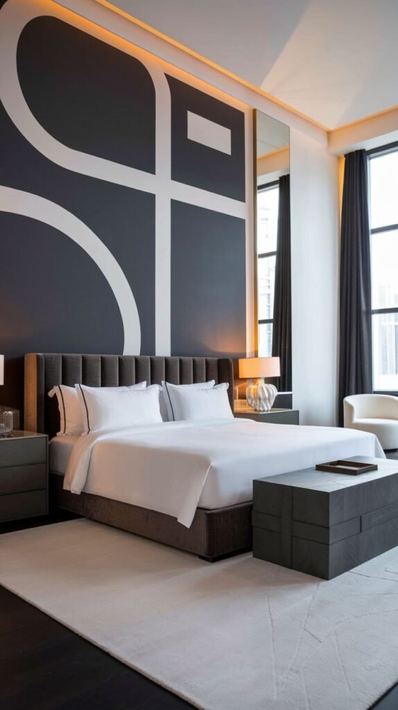 A modern bedroom featuring a solid dark accent wall with an abstract geometric mural of thick, continuous white lines and curves.