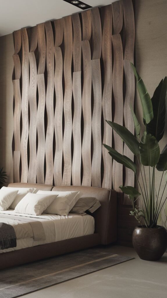 An organic wood accent wall featuring vertical wood panels that curve and weave in front of each other, creating a rhythmic, wavy, three-dimensional ribbon effect.