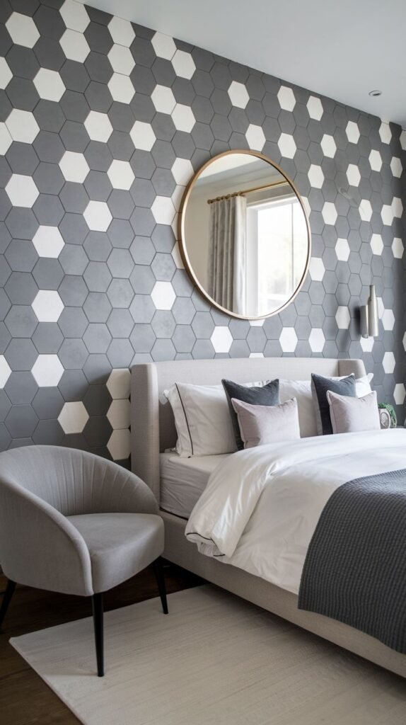 A geometric accent wall patterned with repeating gray and white hexagonal tiles.