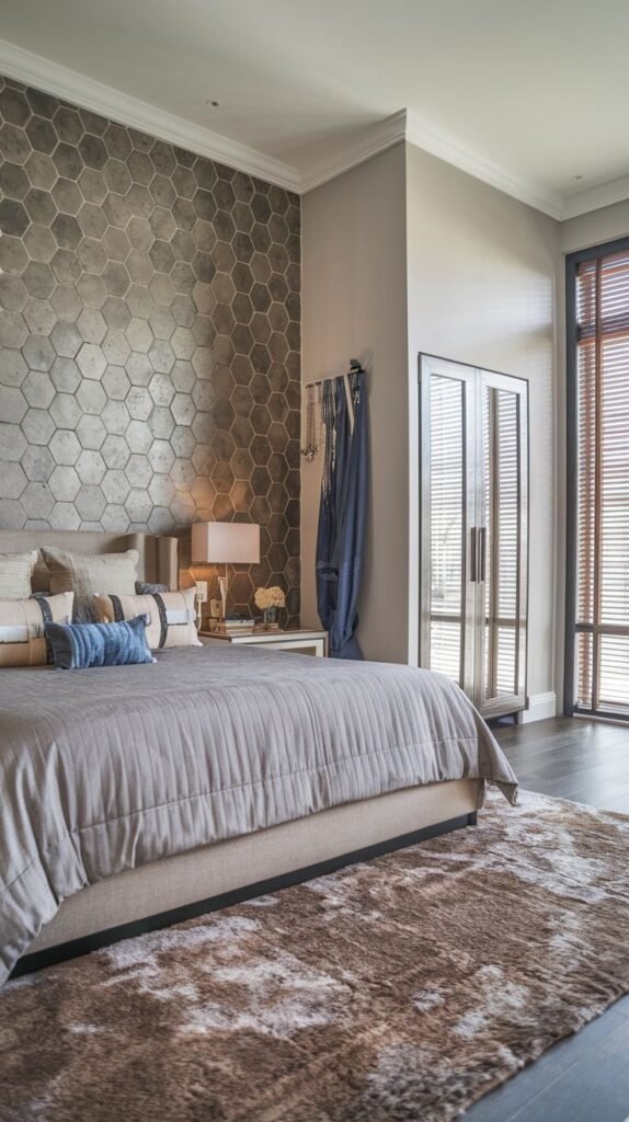 A bedroom accent wall covered entirely in dark bronze or metallic hexagonal tiles.