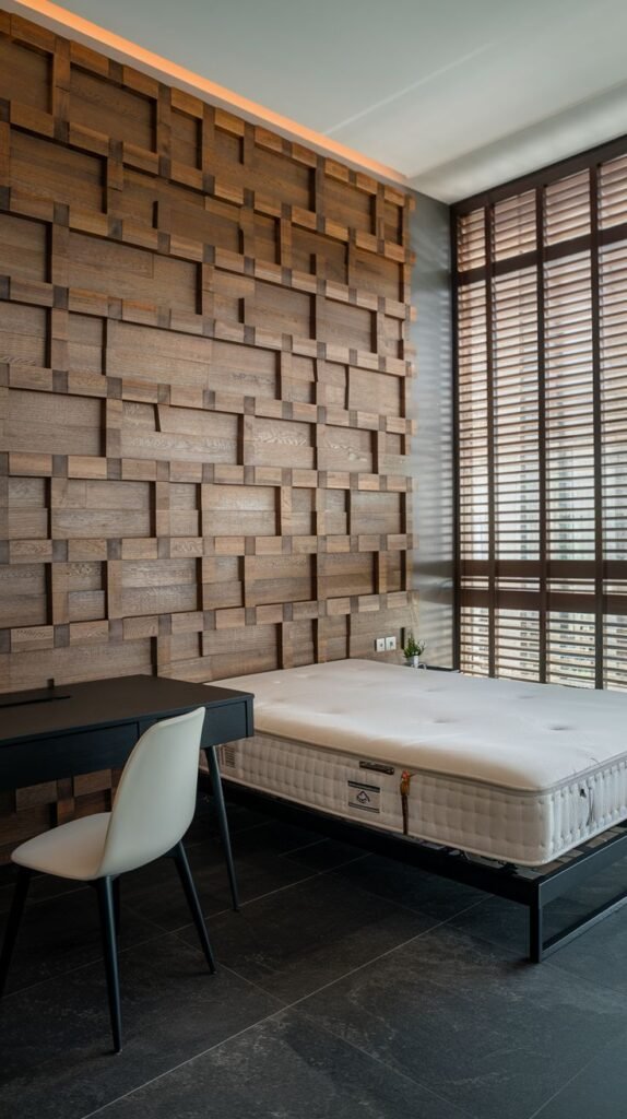 A wood accent wall featuring three-dimensional rectangular wooden blocks arranged in a horizontal, staggered bond pattern.